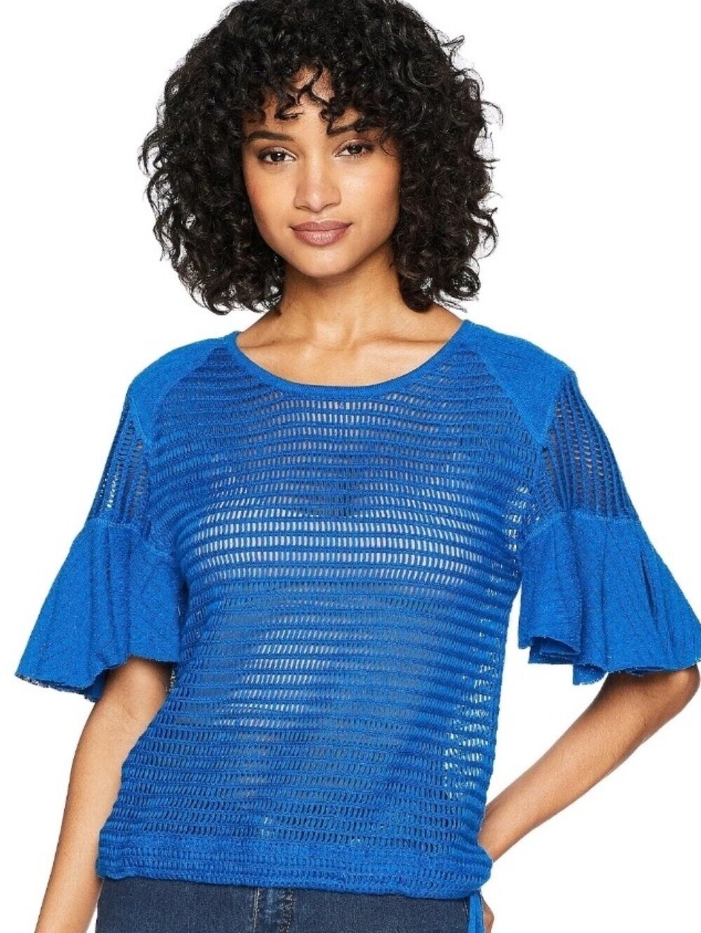 Free People F Babes Only Lasting Laguna Blue Flutter Sleeve Open Knit Top M.